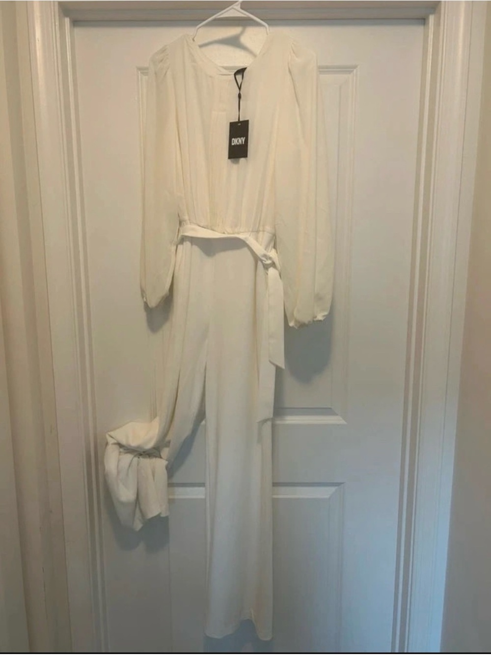 Dkny Cream Long Sleeve Belted Jumpsuit